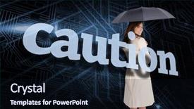  Presentation with caution - Presentation consisting of businesswoman holding umbrella behind the word caution against circuit board background and a wine colored foreground