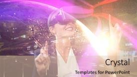  Presentation with earth planet globe - Beautiful presentation design featuring businesswoman holding virtual glasses backdrop and a lemonade colored foreground