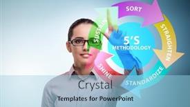  Presentation with organisation - PPT theme with businesswoman-in-5s-workplace-organisation background and a light blue colored foreground