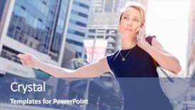  Presentation with taxi - Presentation theme featuring businesswoman in a city street waving for taxi background and a ocean colored foreground