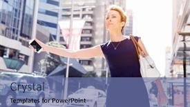  Presentation with taxi - PPT theme with businesswoman in a city street waving for taxi background and a ocean colored foreground