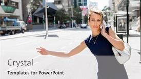  Presentation with taxi - Audience pleasing PPT theme consisting of businesswoman in a city street waving for taxi backdrop and a white colored foreground