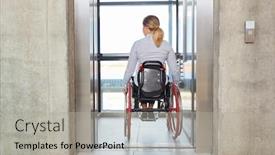  Presentation with elevator - Audience pleasing slides consisting of businesswoman-in-a-wheelchair-drives backdrop and a light gray colored foreground