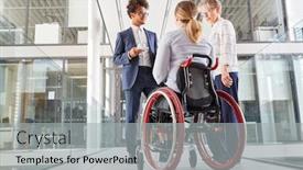  Presentation with inclusion - PPT theme consisting of businesswoman-in-a-wheelchair-talking background and a light gray colored foreground
