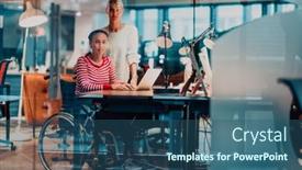  Presentation with coworking - Presentation design enhanced with businesswoman-in-a-wheelchair-working background and a ocean colored foreground