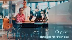  Presentation with coworking - PPT theme featuring businesswoman-in-a-wheelchair-working background and a ocean colored foreground