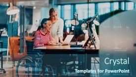  Presentation with coworking - Presentation design having businesswoman-in-a-wheelchair-working background and a ocean colored foreground