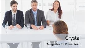  Presentation with employers - PPT layouts having businesswoman in a work interview with employers background and a sky blue colored foreground