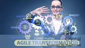  Presentation with transformation - Cool new PPT theme with businesswoman-in-agile-transformation-concept backdrop and a teal colored foreground