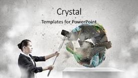  Presentation with anger - Slide deck having businesswoman in anger crashing earth background and a light gray colored foreground