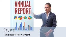  Presentation with report - Presentation theme having businesswoman-in-annual-report-concept background and a  colored foreground