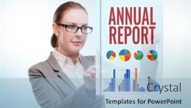  Presentation with report - PPT theme having businesswoman-in-annual-report-concept background and a light blue colored foreground