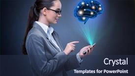  Presentation with artificial intelligence - PPT theme with businesswoman in artificial intelligence concept background and a tawny brown colored foreground