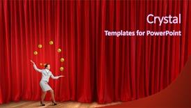  Presentation with juggling - Cool new slide deck with businesswoman in cap on stage backdrop and a wine colored foreground