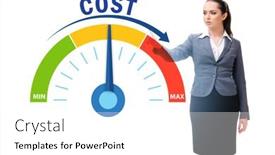  Presentation with cost - PPT theme consisting of businesswoman-in-cost-management-concept background and a white colored foreground