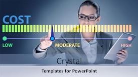  Presentation with cost - PPT theme with businesswoman-in-cost-management-concept background and a teal colored foreground