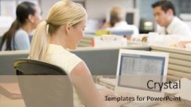  Presentation with laptop - Slides consisting of cubicles - businesswoman in cubicle using laptop background and a coral colored foreground