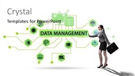  Presentation with data management - PPT theme having businesswoman-in-data-management-concept background and a white colored foreground