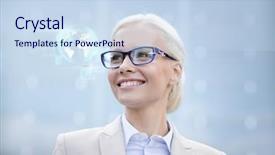  Presentation with education through technology - Slide deck with businesswoman in eyeglasses with virtual background and a sky blue colored foreground