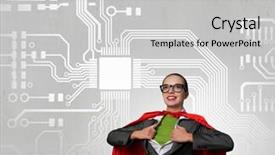  Presentation with superhero businesswoman - Slide deck having businesswoman in glasses and red cape acting like superhero background and a light gray colored foreground