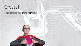  Presentation with superhero businesswoman - Slide deck featuring businesswoman in glasses and red cape acting like superhero background and a light gray colored foreground