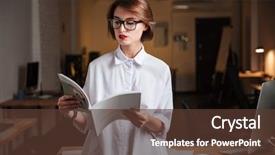  Presentation with reading festival - Presentation theme enhanced with businesswoman in glasses reading magazine background and a tawny brown colored foreground