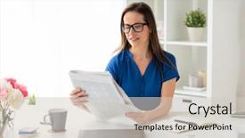  Presentation with mass media - Colorful slide set enhanced with businesswoman in glasses reading newspaper backdrop and a  colored foreground