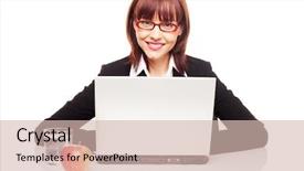  Presentation with pure water - Presentation design with businesswoman in glasses seated at her laptop with a healthy glass of pure water and a fresh apple to eat on her break background and a soft green colored foreground