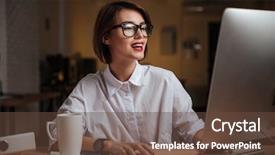  Presentation with glasses - Amazing PPT layouts having businesswoman in glasses using computer backdrop and a tawny brown colored foreground