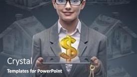  Presentation with housing - PPT theme featuring businesswoman-in-housing-mortgage-concept background and a dark gray colored foreground