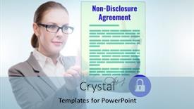  Presentation with investigation criminology disclosure - Theme featuring businesswoman-in-non-disclosure-agreement background and a light blue colored foreground