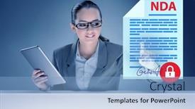  Presentation with concept - Slides enhanced with businesswoman-in-non-disclosure-agreement background and a light blue colored foreground