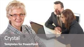  Presentation with office mix of people - Colorful slides enhanced with businesswoman in office environment three backdrop and a  colored foreground