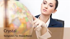  Presentation with data protection globe - Slide deck with businesswoman in office looking globe background and a coral colored foreground