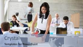  Presentation with shipping - Audience pleasing PPT theme consisting of businesswoman-in-office-preparing-package backdrop and a light blue colored foreground