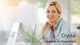  Presentation with desktop - PPT theme having businesswoman-in-office-working background and a light gray colored foreground