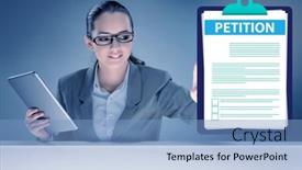  Presentation with application - PPT theme enhanced with businesswoman-in-petition-application-concept background and a light blue colored foreground