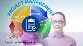  Presentation with phases - Cool new slide deck with businesswoman-in-project-management-different backdrop and a lilac colored foreground