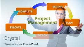  Presentation with phases - PPT theme having businesswoman-in-project-management-different background and a sky blue colored foreground