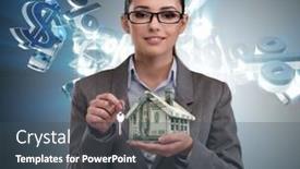  Presentation with real estate - Presentation featuring businesswoman-in-real-estate-mortgage background and a dark gray colored foreground