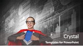  Presentation with super hero - Colorful presentation theme enhanced with businesswoman in red cape act backdrop and a  colored foreground