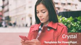  Presentation with travel app - Amazing PPT theme having businesswoman in red trench coat backdrop and a  colored foreground