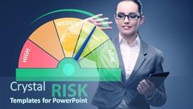  Presentation with risk management - Presentation design consisting of businesswoman-in-risk-metering background and a ocean colored foreground