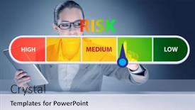  Presentation with risk management - Beautiful PPT theme featuring businesswoman-in-risk-metering backdrop and a light blue colored foreground
