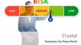  Presentation with risk management - PPT theme having businesswoman-in-risk-metering background and a white colored foreground
