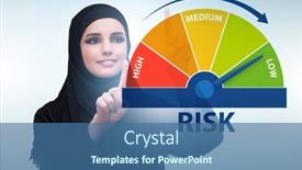  Presentation with risk management - Presentation design featuring businesswoman-in-risk-metering background and a ocean colored foreground