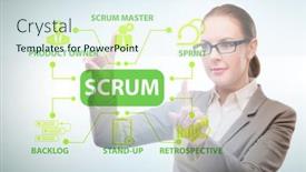  Presentation with scrum - Audience pleasing slide deck consisting of businesswoman-in-scrum-agile-method backdrop and a sky blue colored foreground