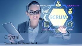  Presentation with scrum - Cool new PPT layouts with businesswoman-in-scrum-agile-method backdrop and a teal colored foreground