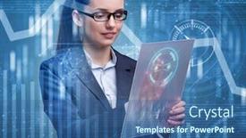  Presentation with stock trading - Audience pleasing PPT theme consisting of businesswoman-in-stock-exchange-trading backdrop and a ocean colored foreground