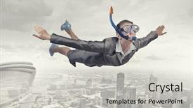  Presentation with sky diving man falling - Presentation consisting of businesswoman in suit and diving background and a light gray colored foreground